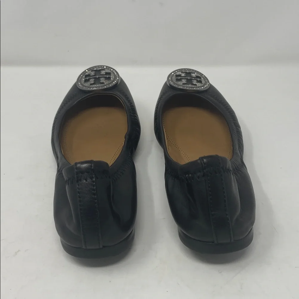 Tory Burch Black Ballet Flats with Silver Rhinestone Logo Size 6.5